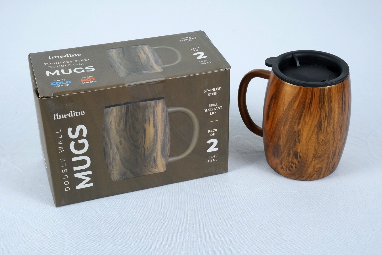 Double Wall Insulated Stainless Steel Mugs 2pcs w Wooden Finish Spill Resistant