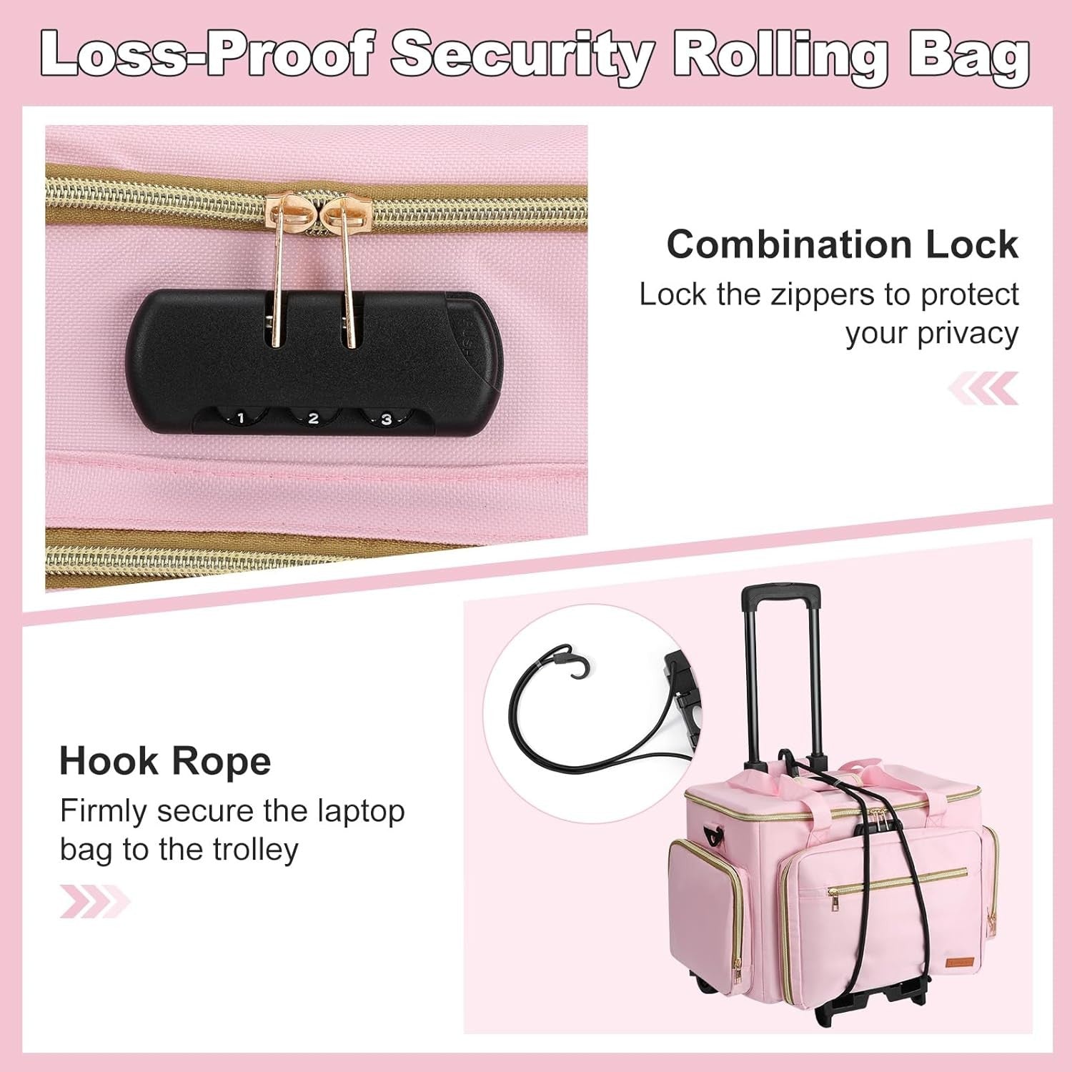 Teacher Bag On Wheels Fits 17" Laptop Detachable Trolley Anti Theft Lock Pink