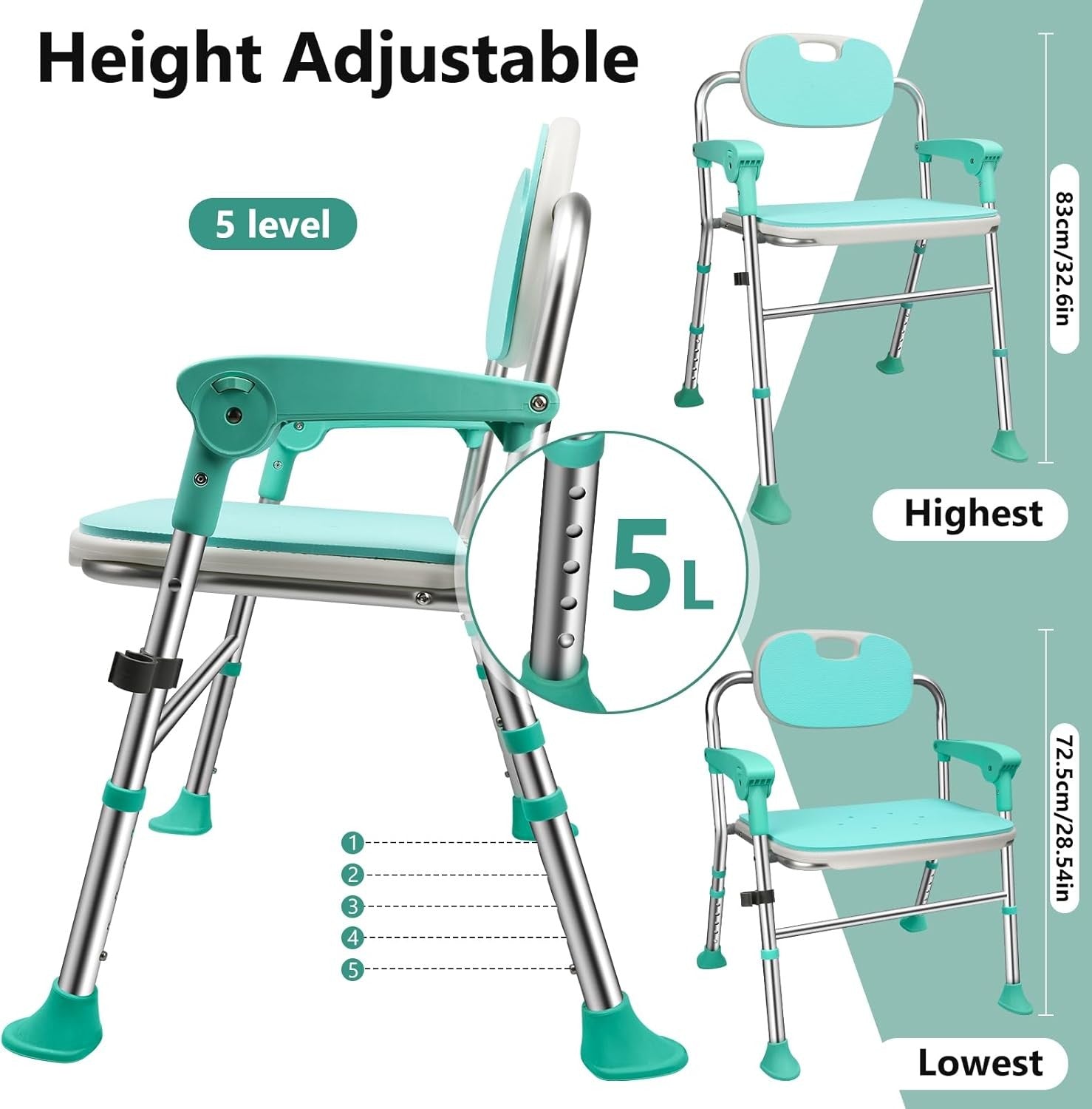 Folding Shower Chair 5-Level Adjustable, Non-Slip Feet, Lightweight & Durable
