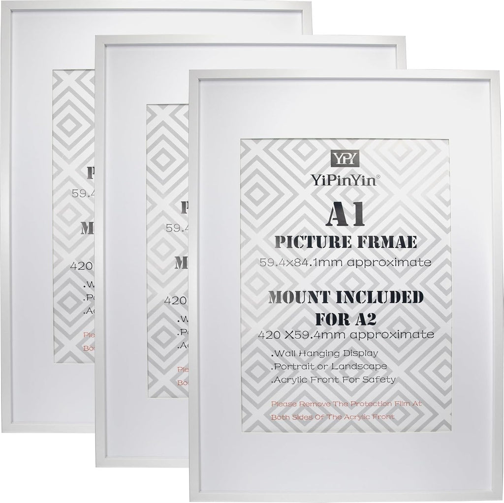 A1 White Picture Frames Set of 3 with Mounts for A2 Photos Posters Gallery