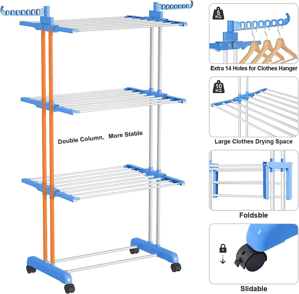 Adjustable Rolling Laundry Hanger, Foldable Wings Large Steel Garment Dryer 3 ti