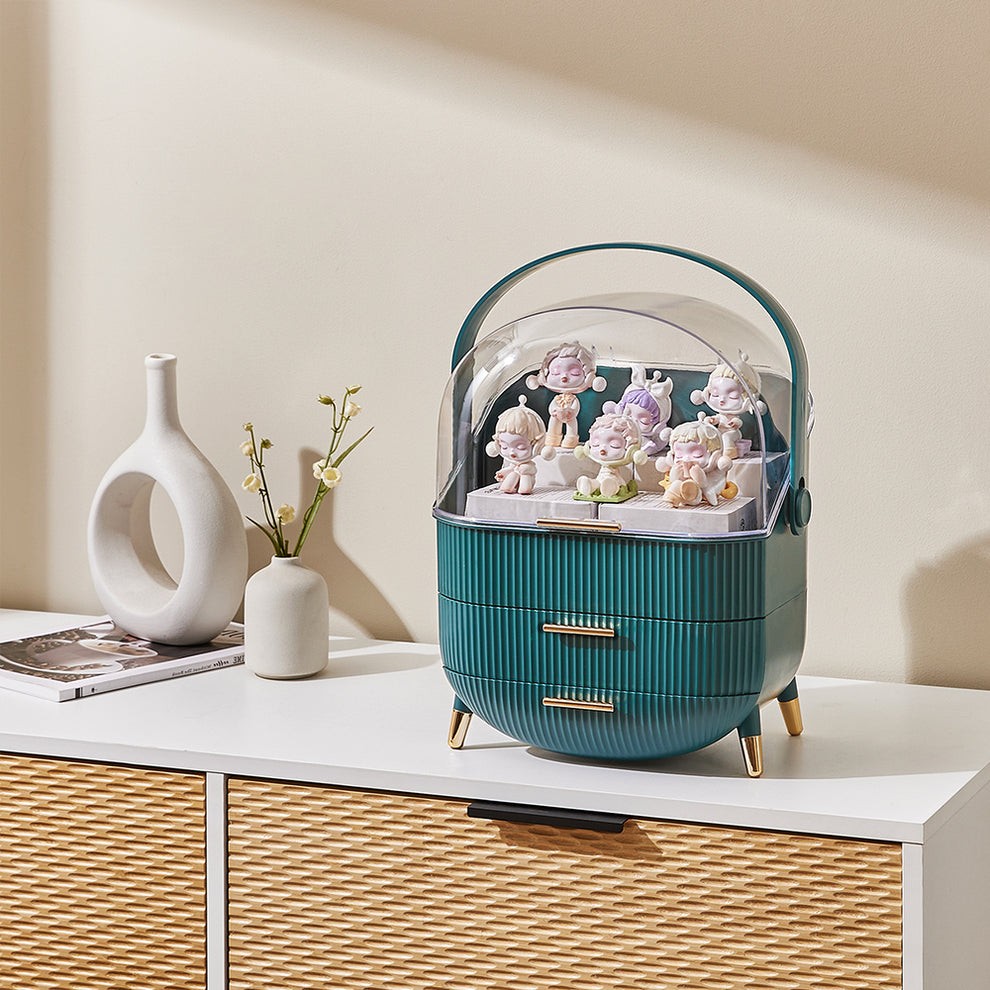 Elegant Makeup Storage Organiser Box Green with Drawers and Handle