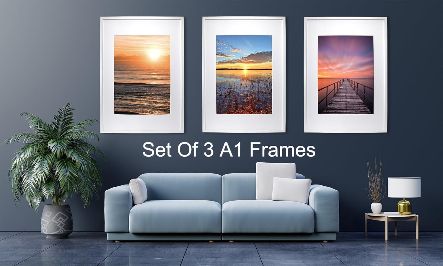 A1 White Picture Frames Set of 3 with Mounts for A2 Photos Posters Gallery