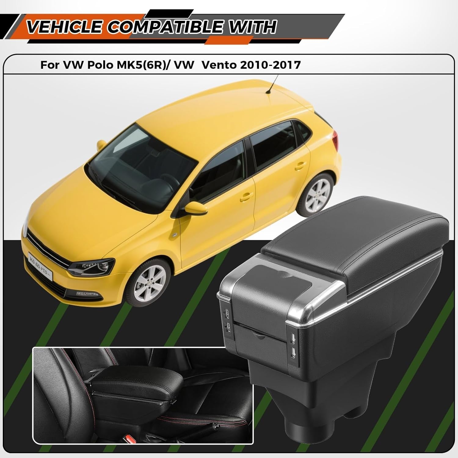 Car Armrest Storage Box with USB Ports for VW Polo MK5 (6R)/VW Vento 2010-2017