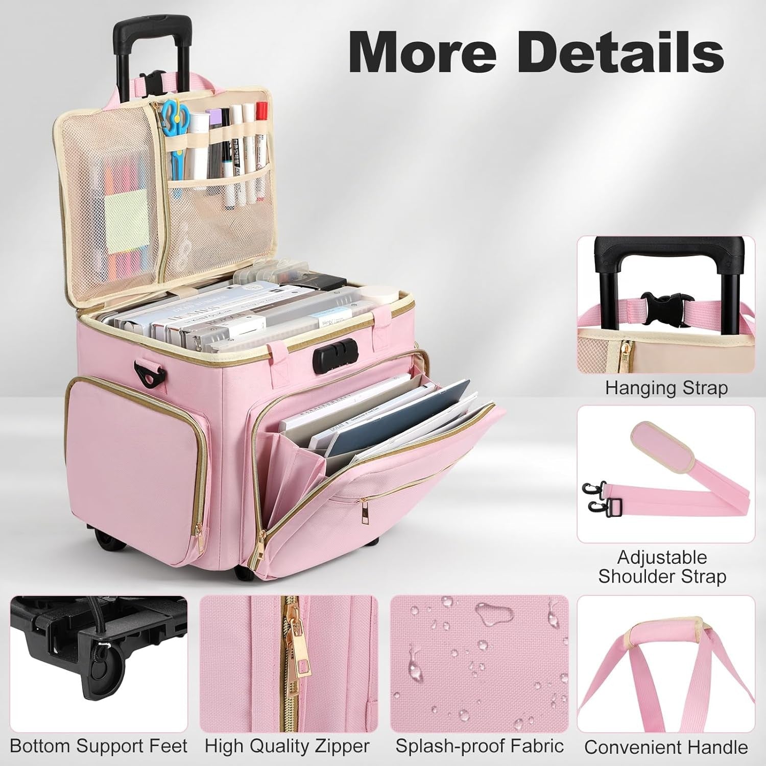 Teacher Bag On Wheels Fits 17" Laptop Detachable Trolley Anti Theft Lock Pink