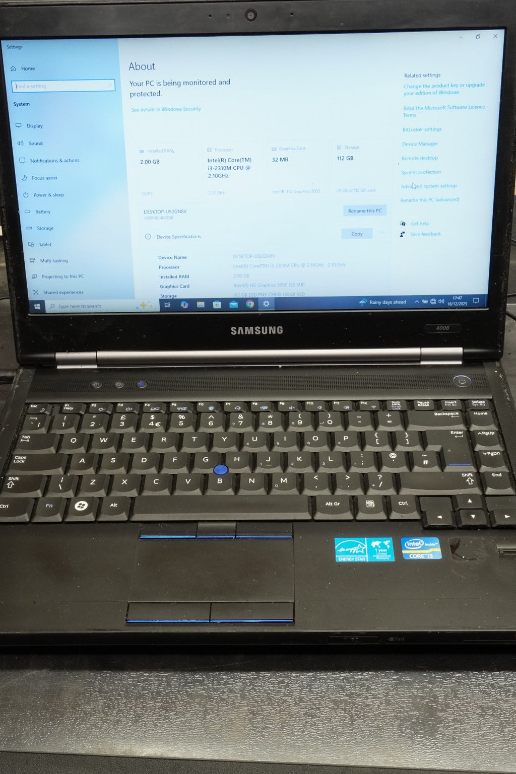 Laptop Samsung 400B Core i3 Intel HD Graphics for Spares or Repairs