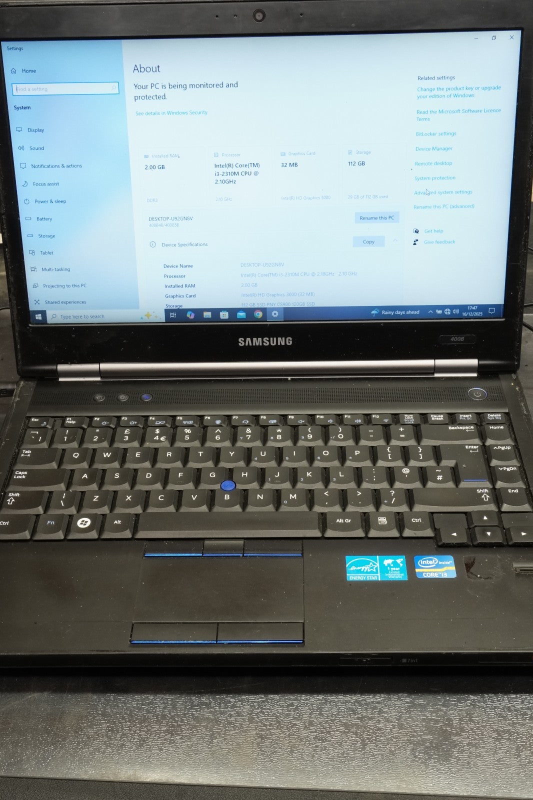 Laptop Samsung 400B Core i3 Intel HD Graphics for Spares or Repairs