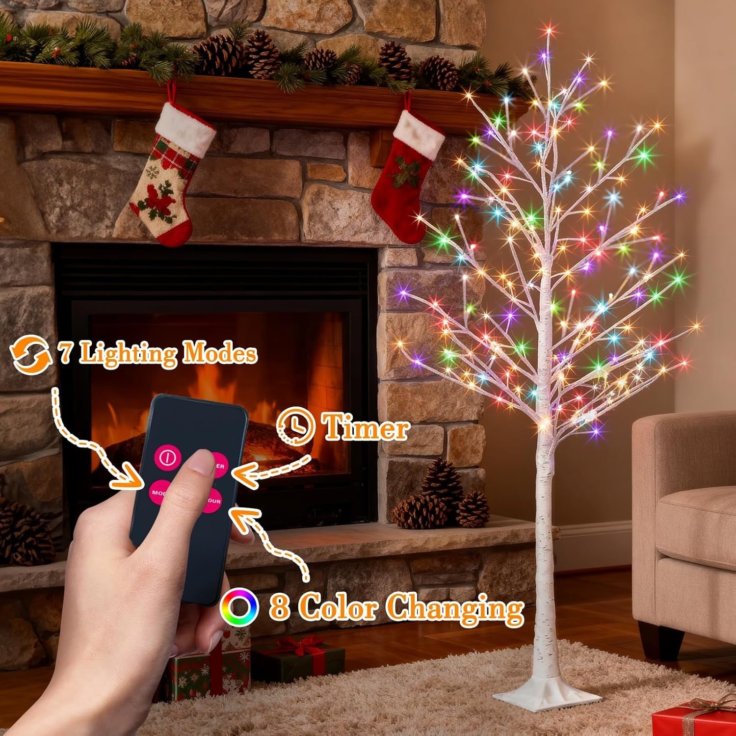 Artificial Birch Tree Lighted 6FT Colour Changing LED Lights Timer White