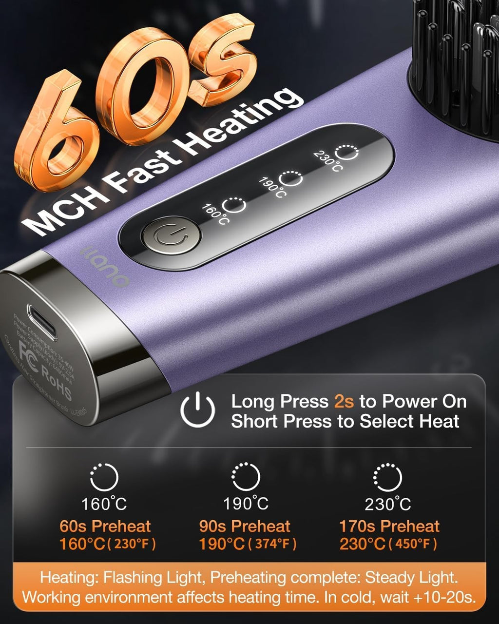 Portable Cordless Hair Straightener Rechargeable Negative Ion Hot Comb Purple