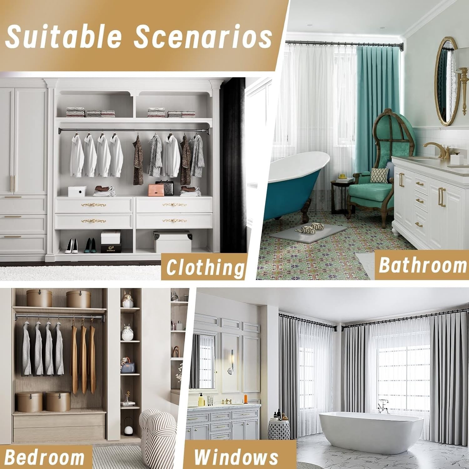 Curtain Telescopic Pole Rod 110-300cm No Drill 35kg Capacity 33mm Steel Rail BK