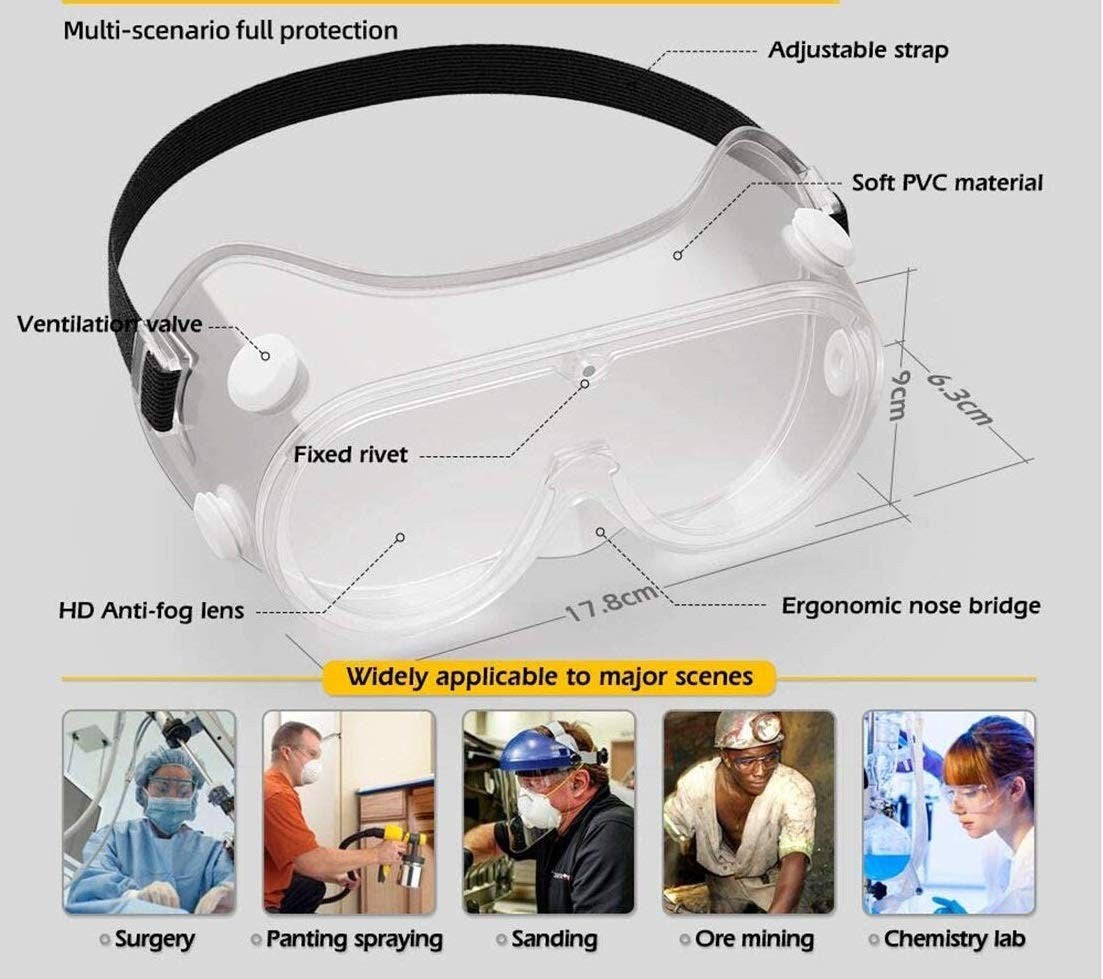 10x Clear Safety Goggles with Adjustable Head Strap Anti-Fog SG-AF-10PK