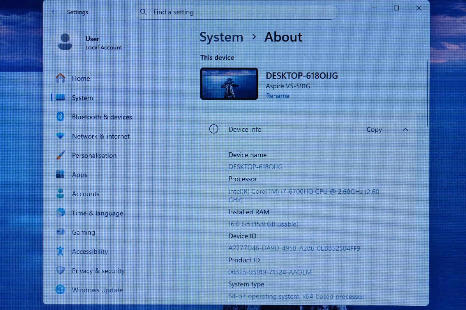 Acer N15Q12 Core i7, Laptop 6700HQ 2600GHz, 16GB Ram, 128GB SSD Working w Faults