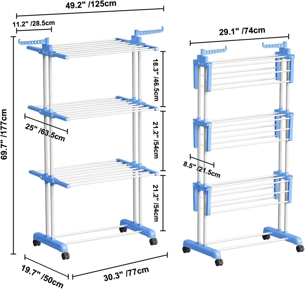 Adjustable Rolling Laundry Hanger, Foldable Wings Large Steel Garment Dryer 3 ti