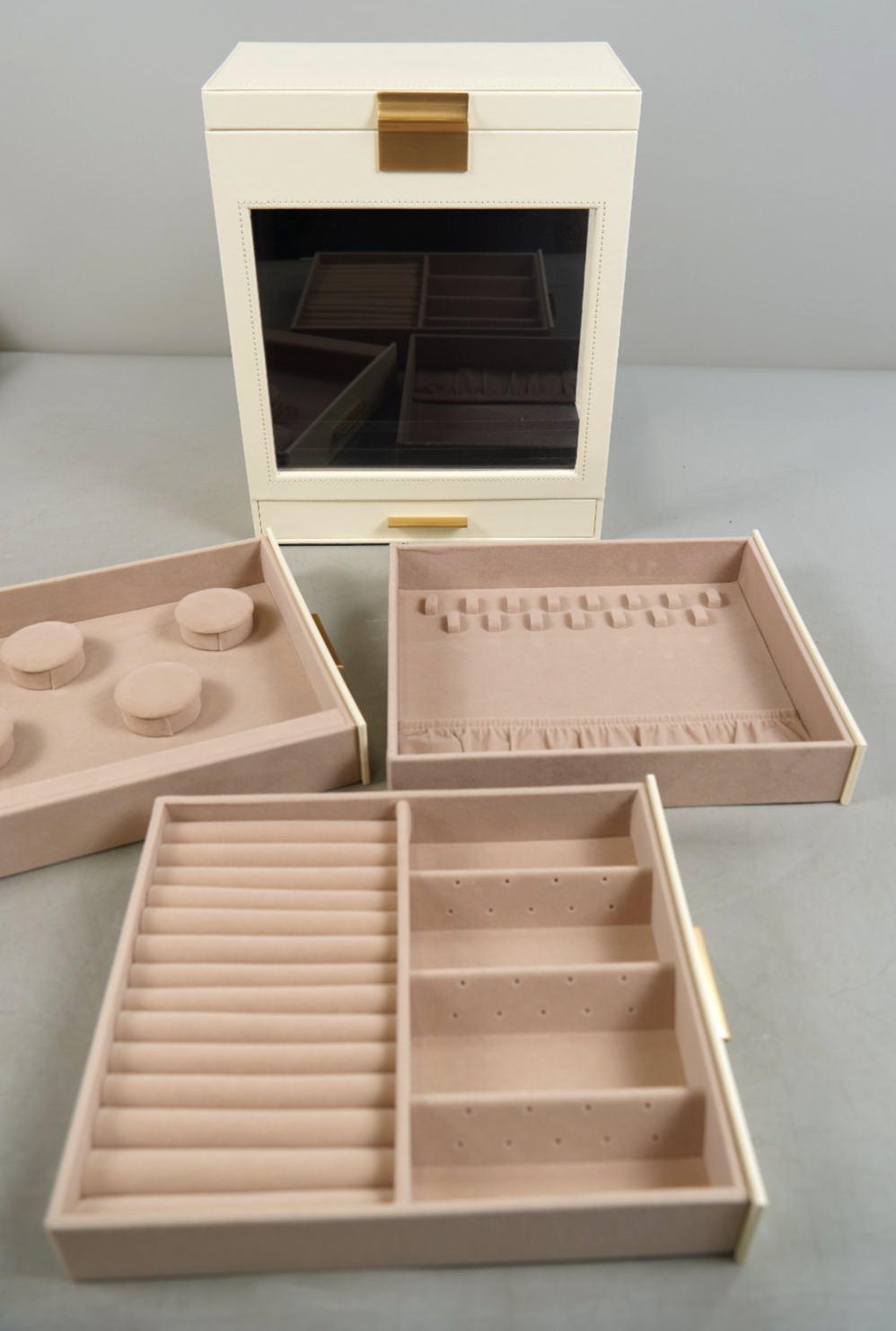 Jewellery Box with Glass Window 5-Layer Jewellery Organiser Gold Cream