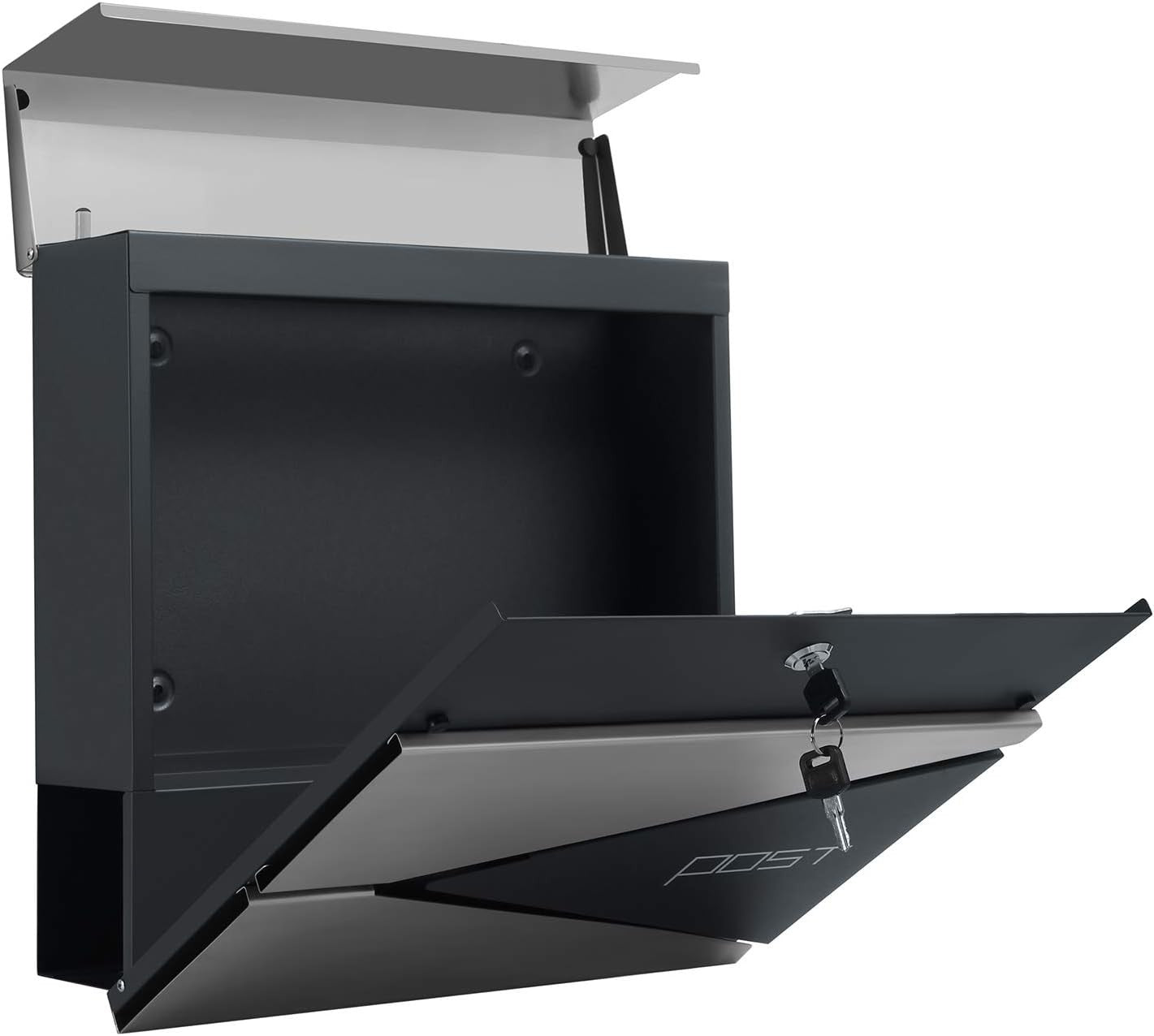 Wall Mounted Post Box w Newspaper Holder Soft Close Charcoal Grey & Silver 2 Key