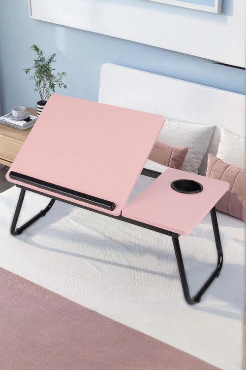 Adjustable Laptop Table with Cup Slot Portable Laptop Stand Bed Table Pink