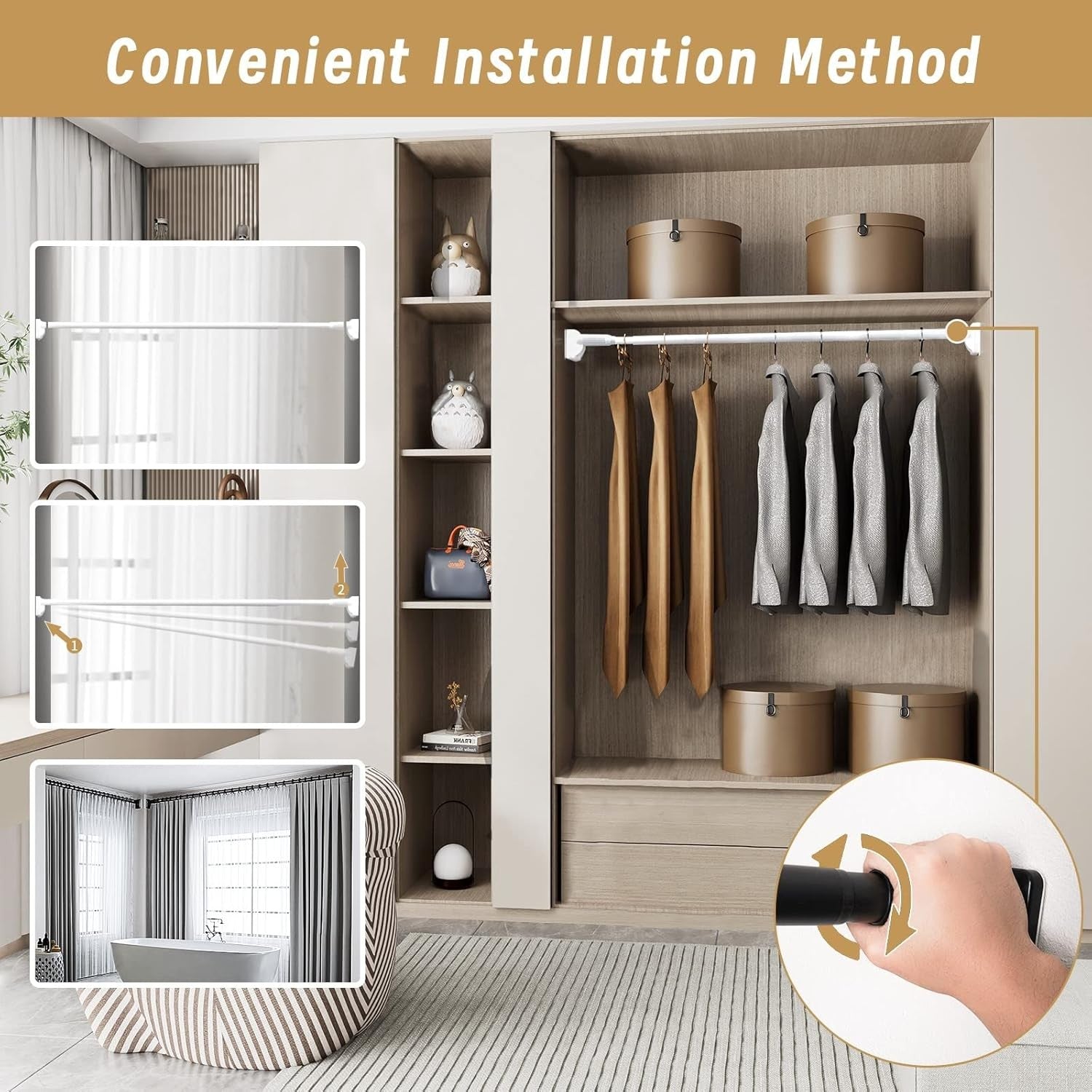 Curtain Telescopic Pole Rod 110-300cm No Drill 35kg Capacity 33mm Steel Rail