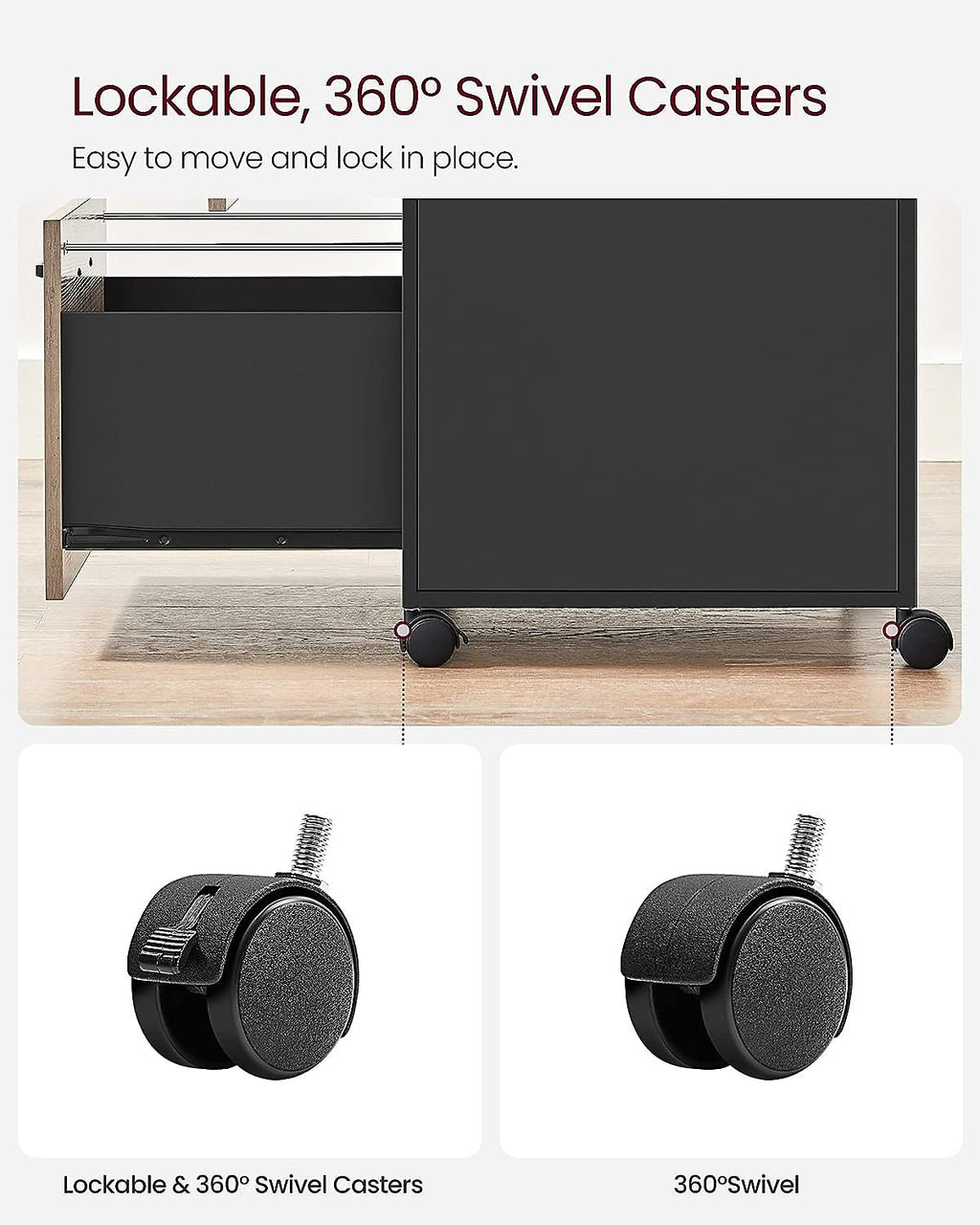 Office Filing Cabinet, 2-Drawer File Cabinet on Wheels, Steel Frame, Industrial,