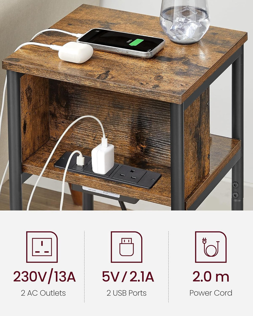 Charging Station Side Table Slim Narrow Bedside Table w 2 AC Outlets & 2 USB