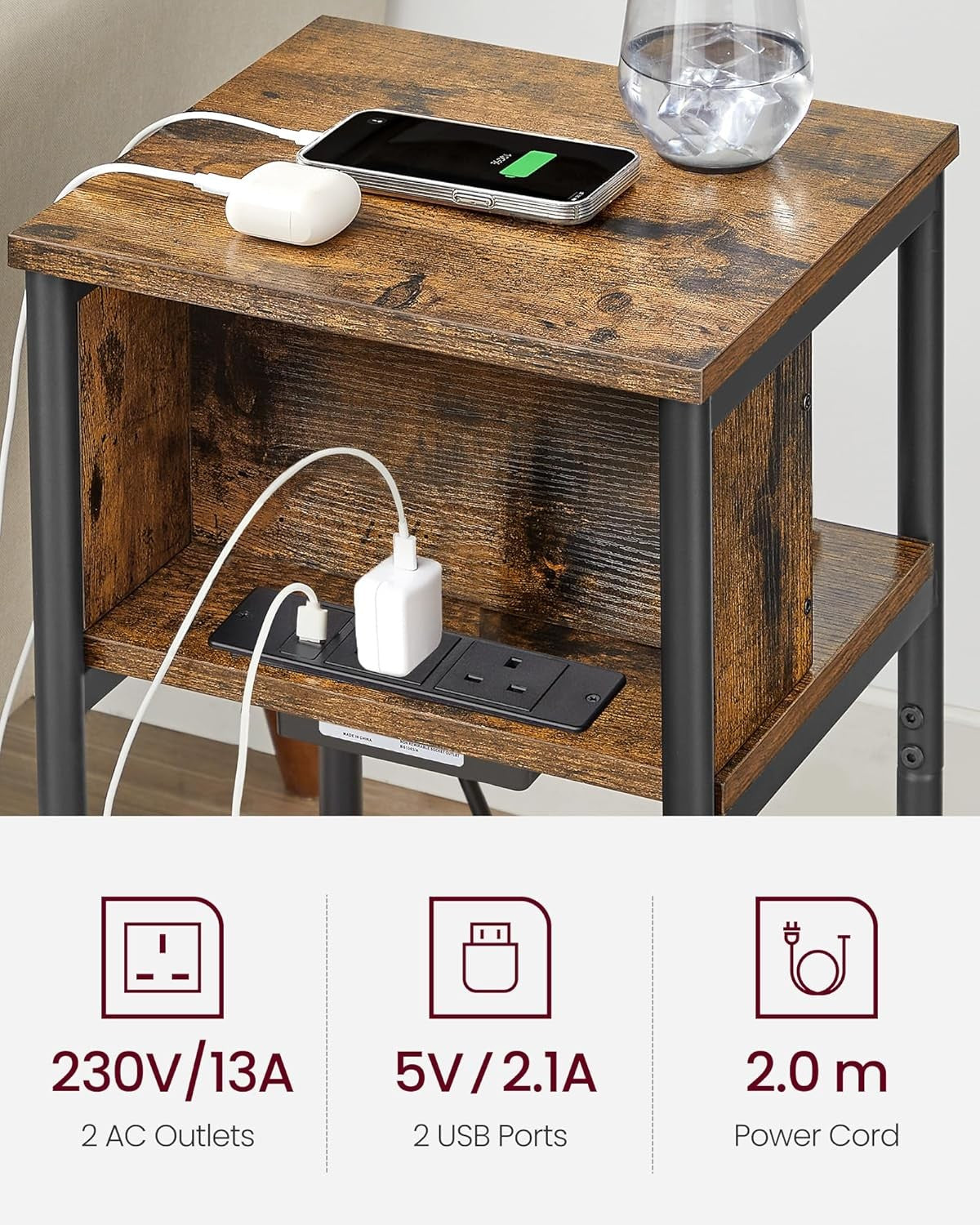 Charging Station Side Table Slim Narrow Bedside Table w 2 AC Outlets & 2 USB