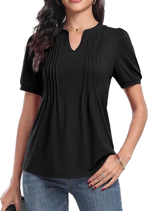 Womens V Neck Tops Puff Short Sleeve T-Shirt Pleated Floral Printed Tunic Blouse