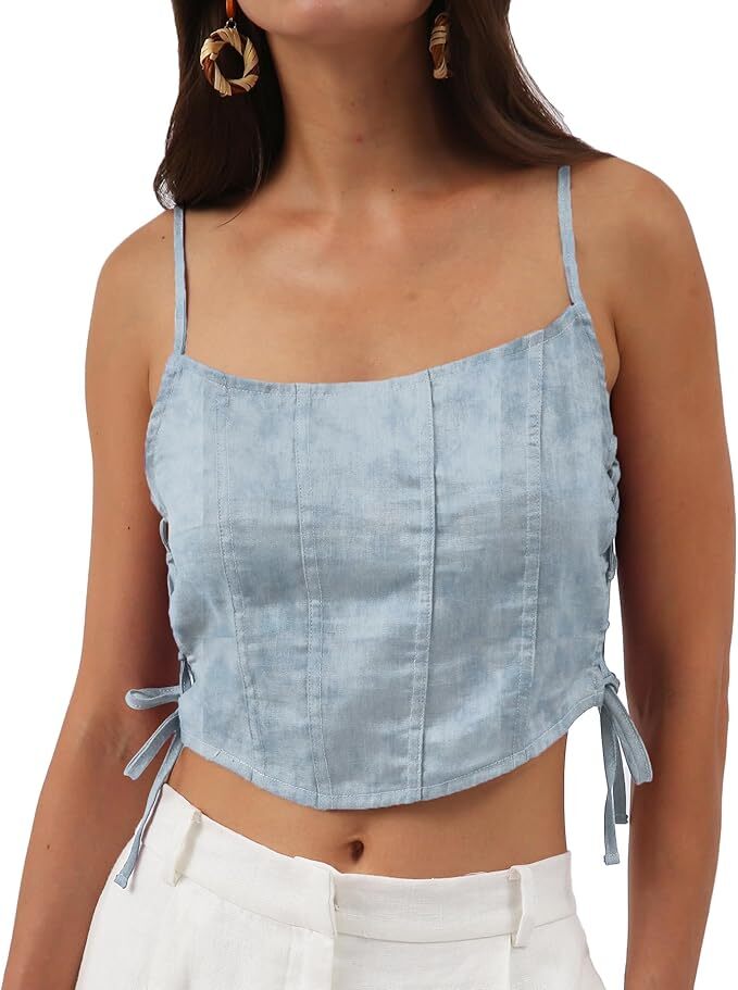 Womens Linen Vest Blouse Summer Sleeveless Printed Elegant Drawstring Side Top