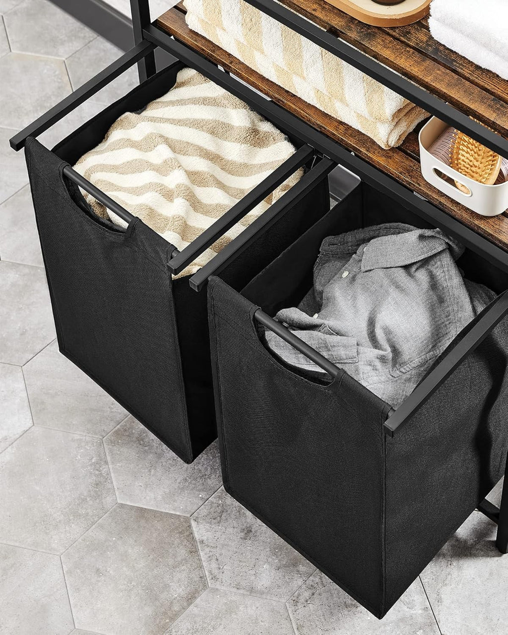 Laundry Basket 2 Compartments with 2 Storage Shelves Removable Bags 46L