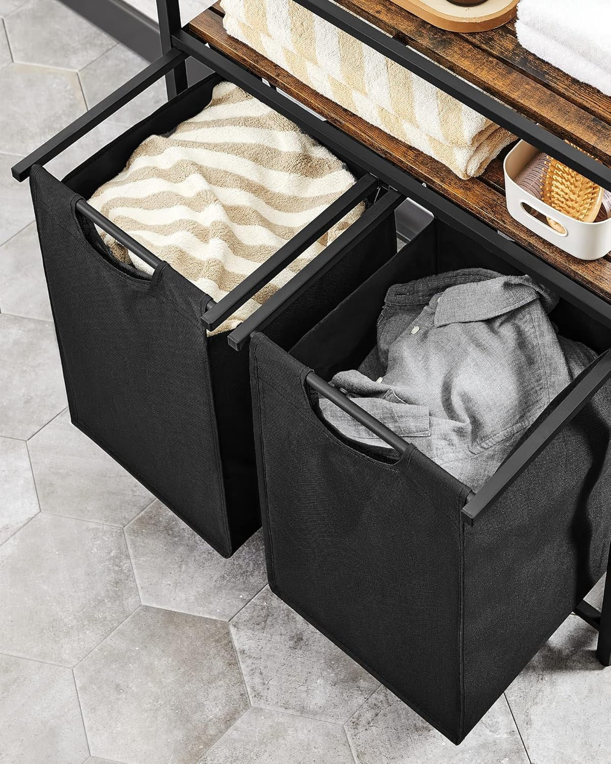 Laundry Basket 2 Compartments with 2 Storage Shelves Removable Bags 46L