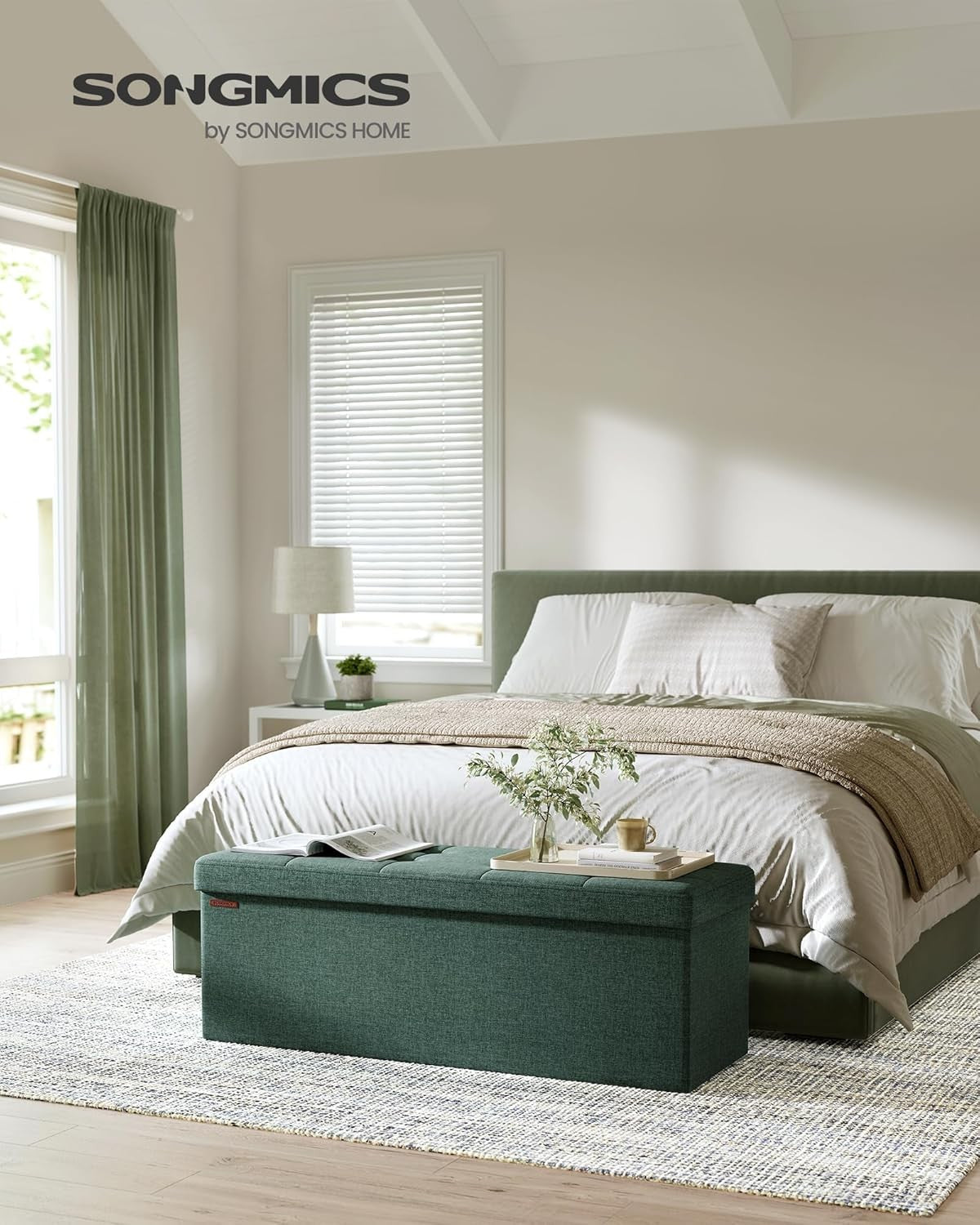 Storage Ottoman Bench 110cm Foot Rest Stool Linen Green