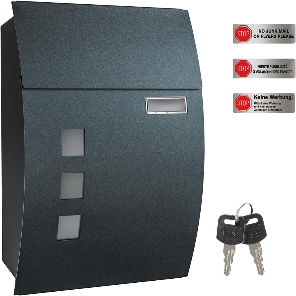 Post Box Steel Wall Mounted with Viewing Windows Name Slot 2 Keys Charcoal Grey