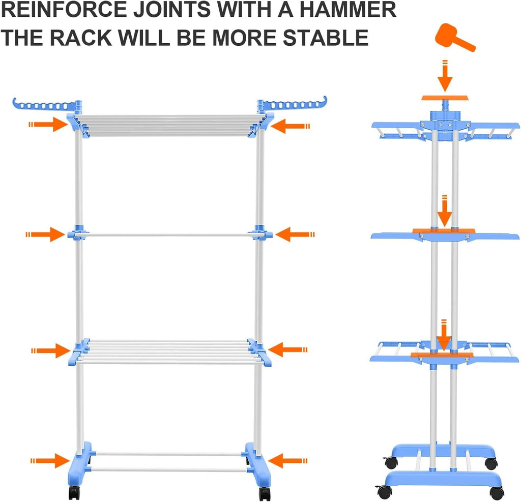 Adjustable Rolling Laundry Hanger, Foldable Wings Large Steel Garment Dryer 3 ti