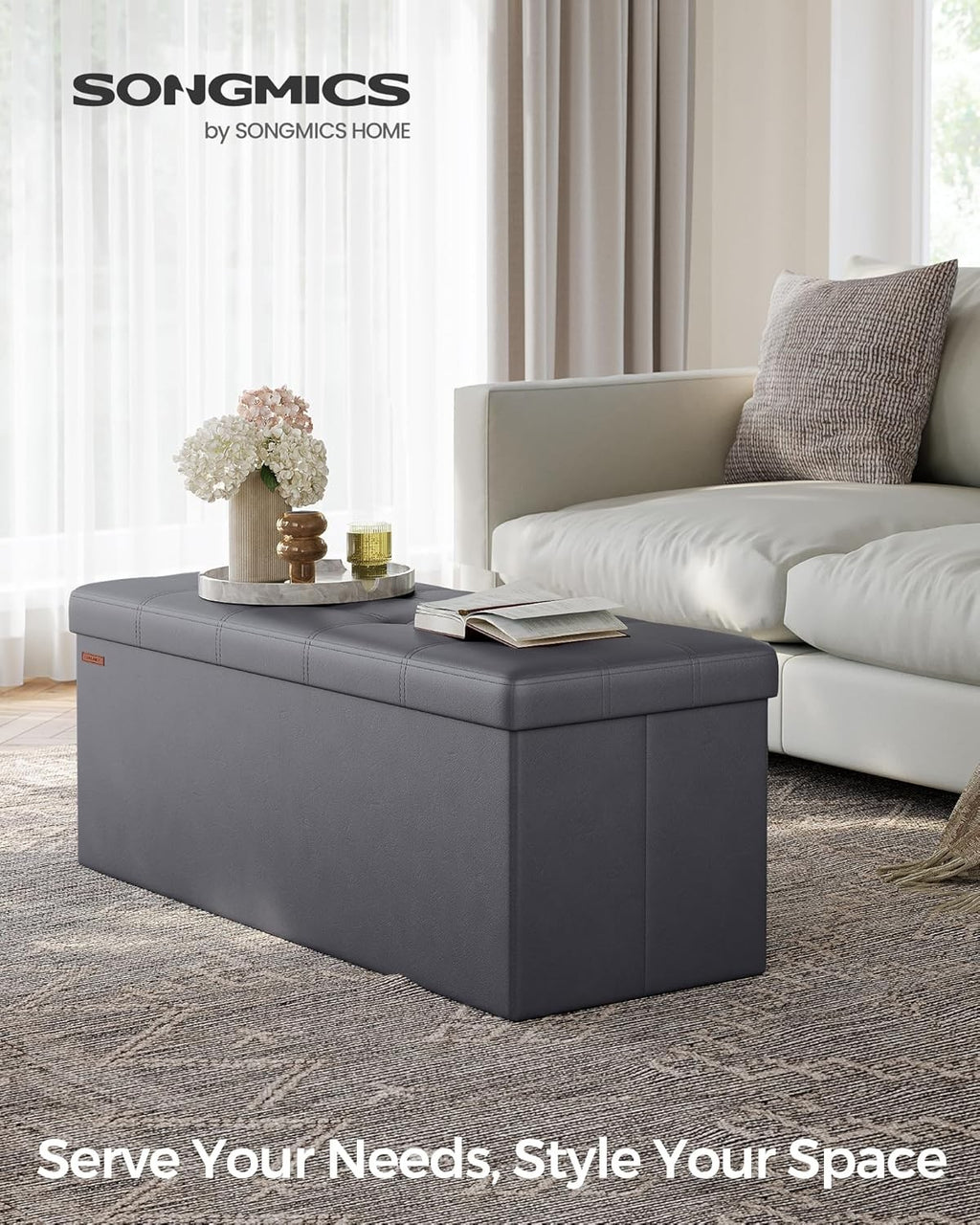 Storage Ottoman Bench 110cm Foot Rest Stool Storage Bench Leather Slate Grey