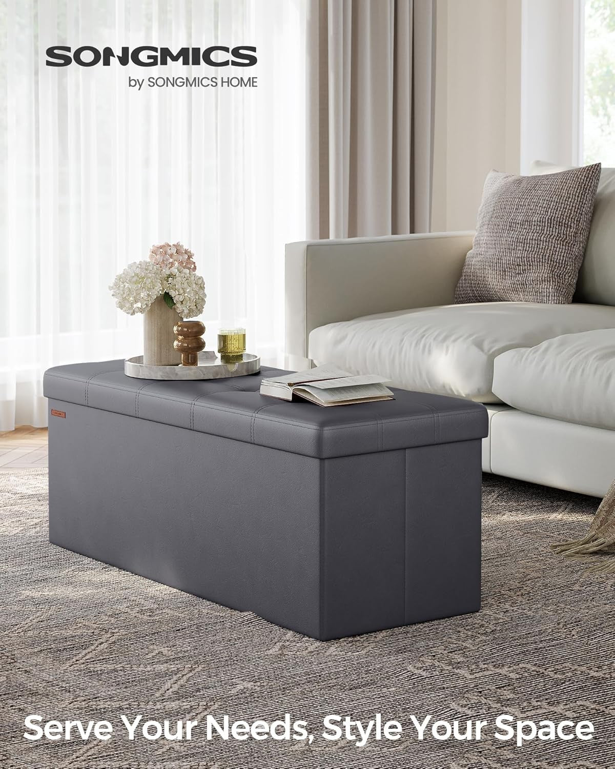 Storage Ottoman Bench 110cm Foot Rest Stool Storage Bench Leather Slate Grey