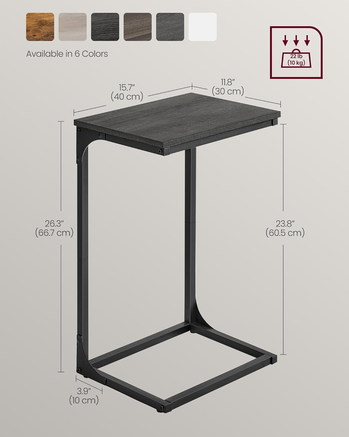 C-Shaped Side Table Bedside Table with Metal Frame Grey and Black 30x40x66cm