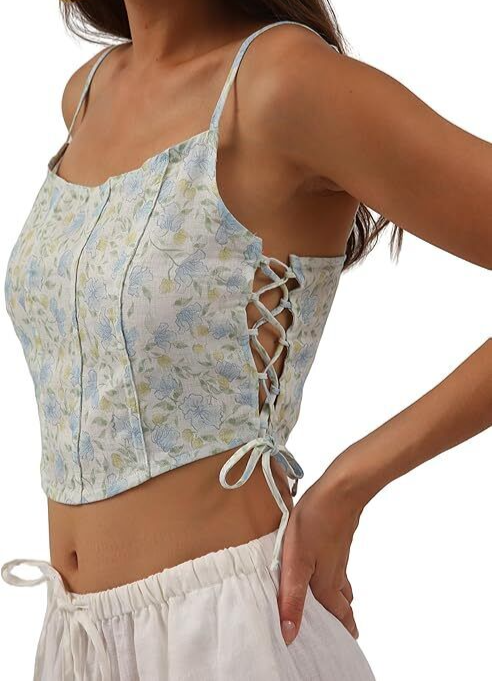 Womens Linen Vest Blouse Summer Sleeveless Printed Elegant Drawstring Side Top