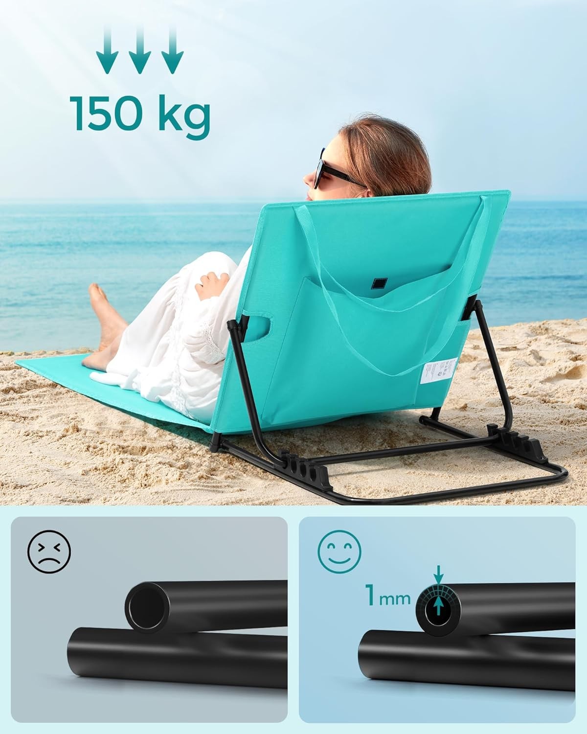 Beach Chair Sun Lounger Reclining Backrest Portable with Shoulder Straps Camping
