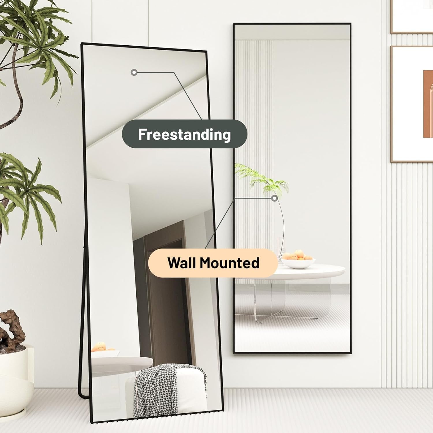 Full Length Mirror 140x50cm Free Standing Floor Mirror Black Aluminum Frame