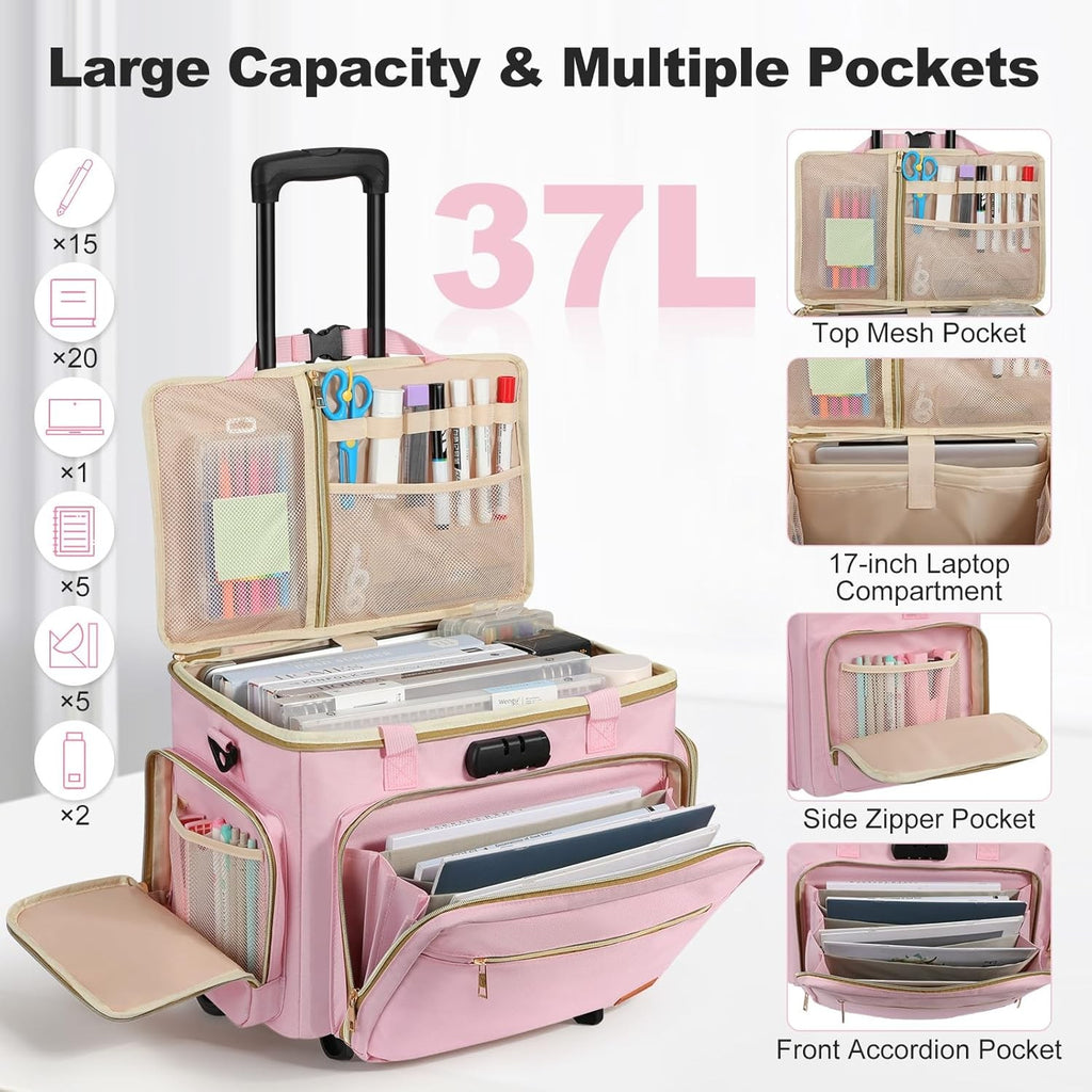 Teacher Bag On Wheels Fits 17" Laptop Detachable Trolley Anti Theft Lock Pink