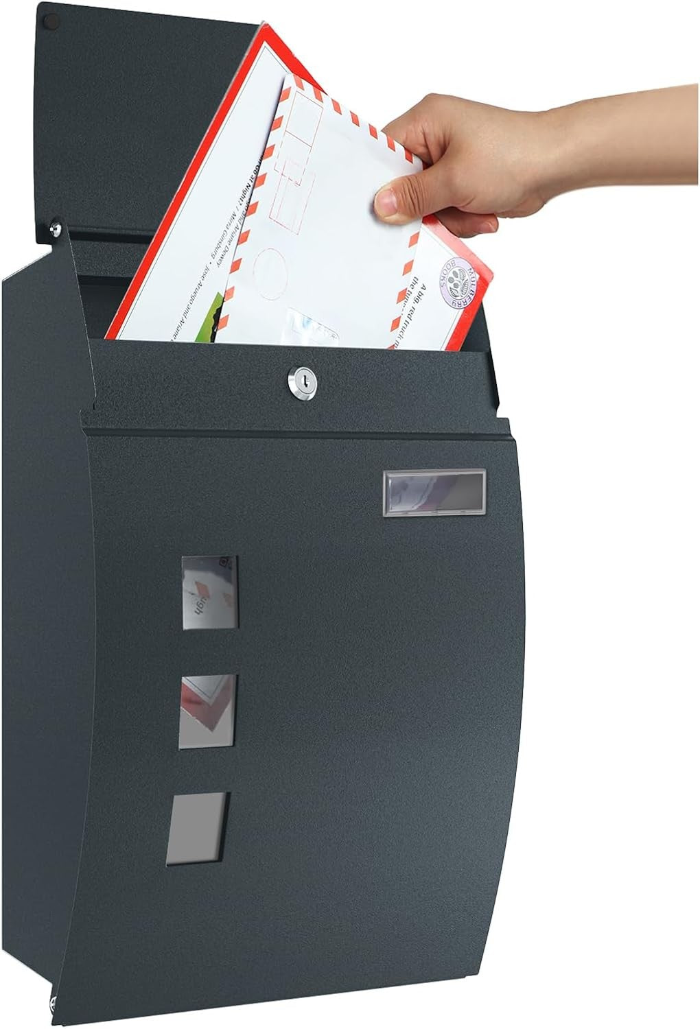 Post Box Steel Wall Mounted with Viewing Windows Name Slot 2 Keys Charcoal Grey