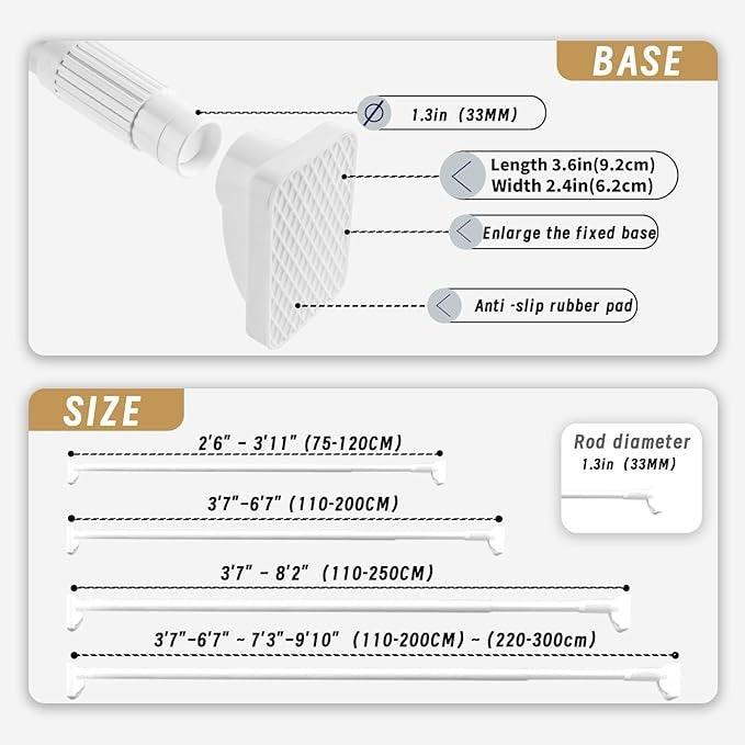 Curtain Telescopic Pole Rod 110-200cm No Drill 35kg Capacity 33mm Steel Rail