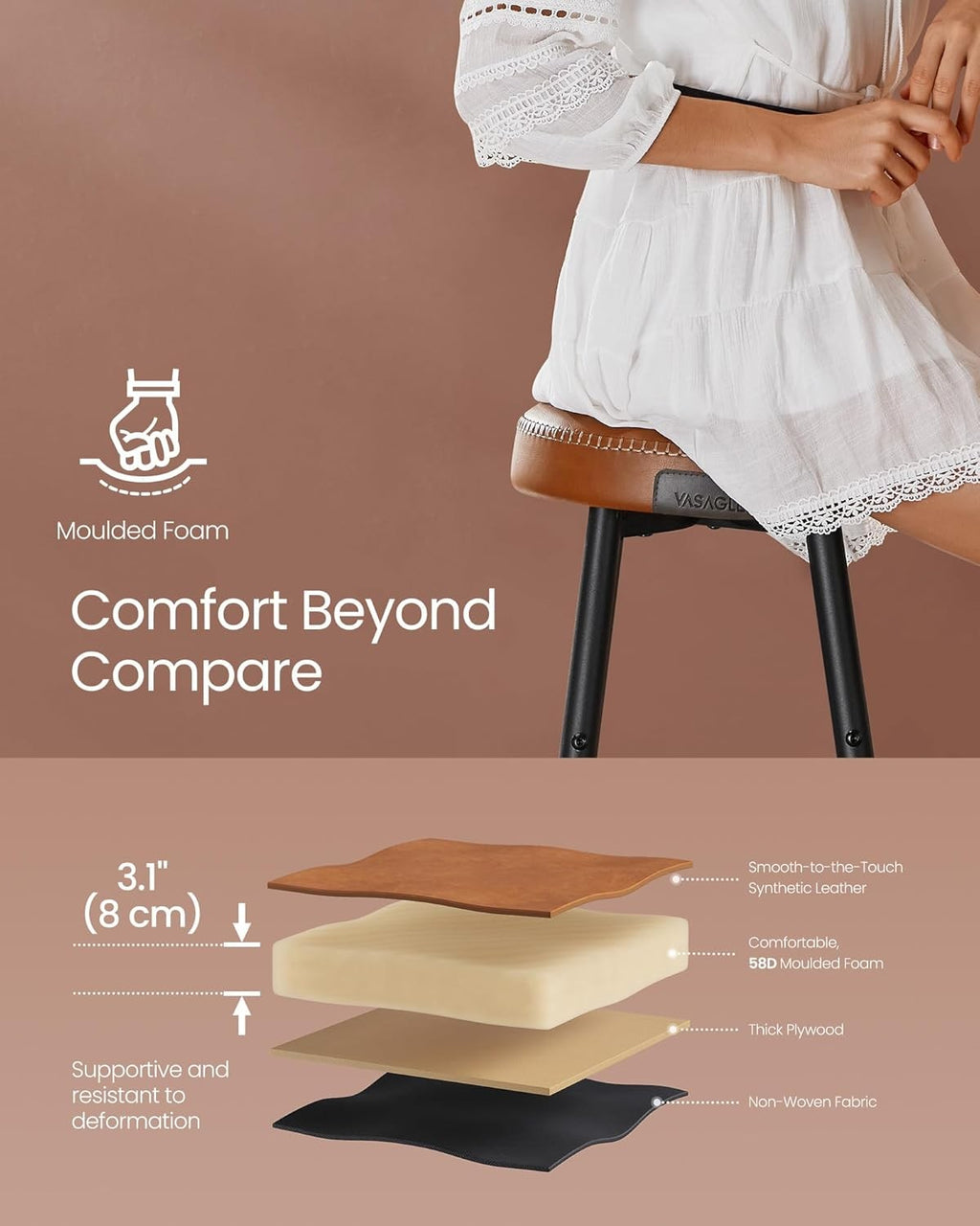 Breakfast Kitchen Bar Stools Counter 76.2cm Stitched Synthetic Leather Brown