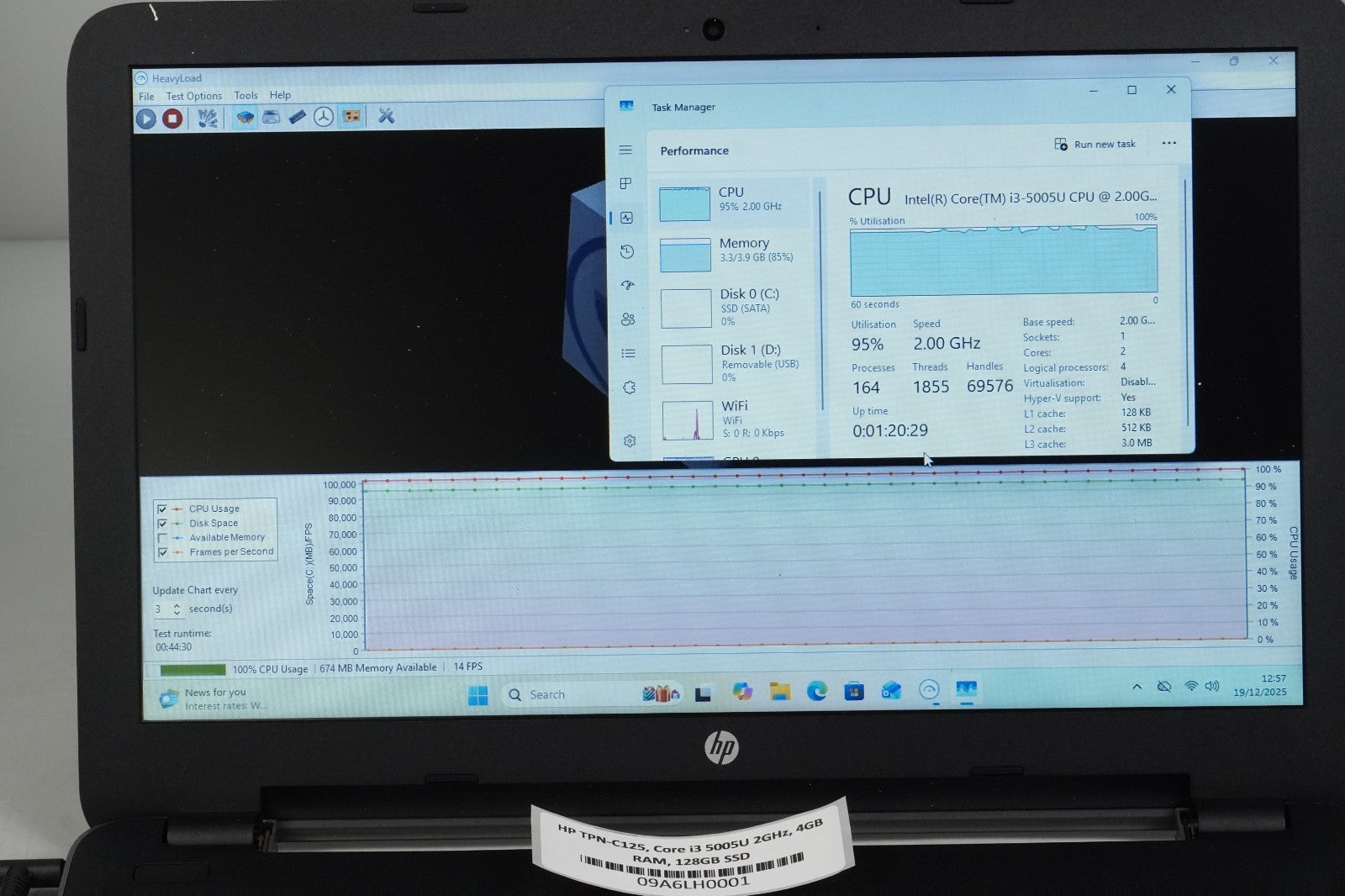 HP TPN-C125 15.6in Laptop Core i3 5005U 2GHz 4GB RAM 128GB SSD NO BATTERY