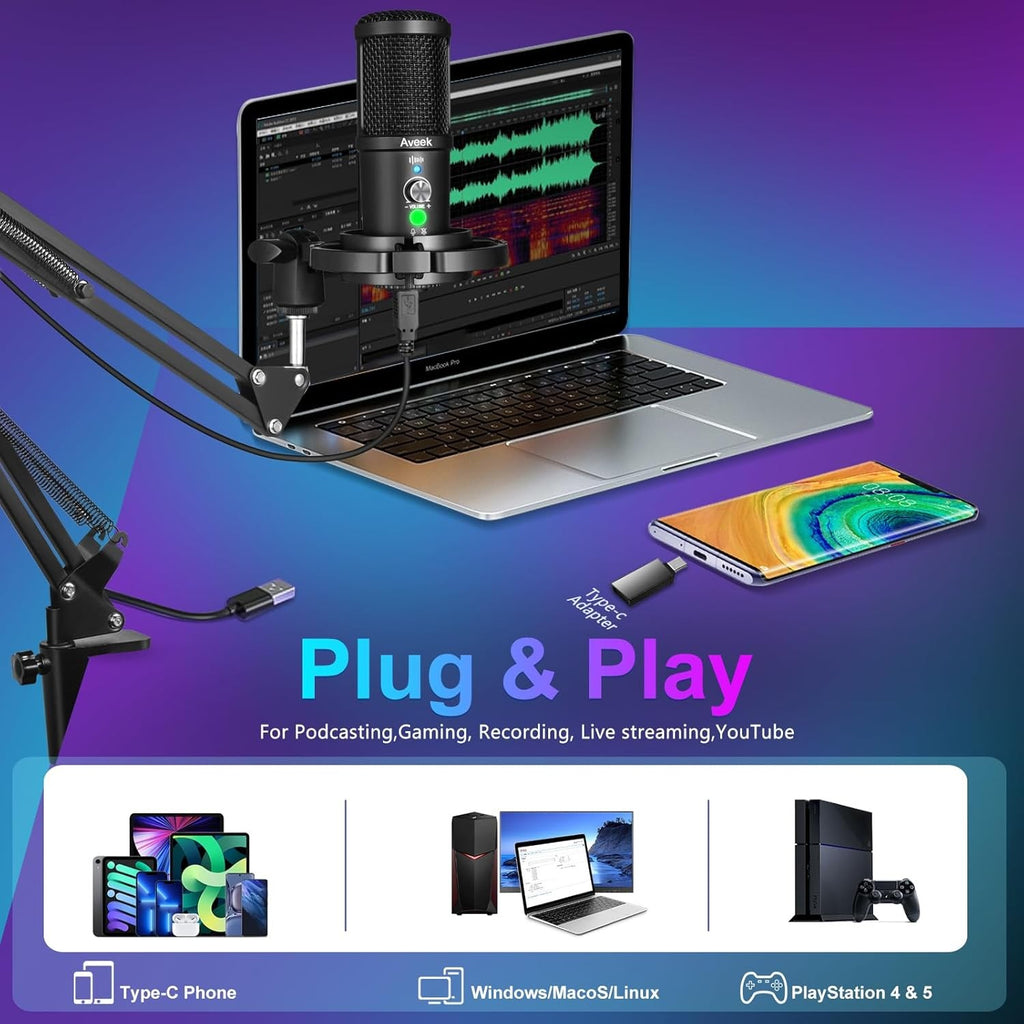 USB Condenser Microphone Microphone for PC Podcast with Mute Gaming Conference