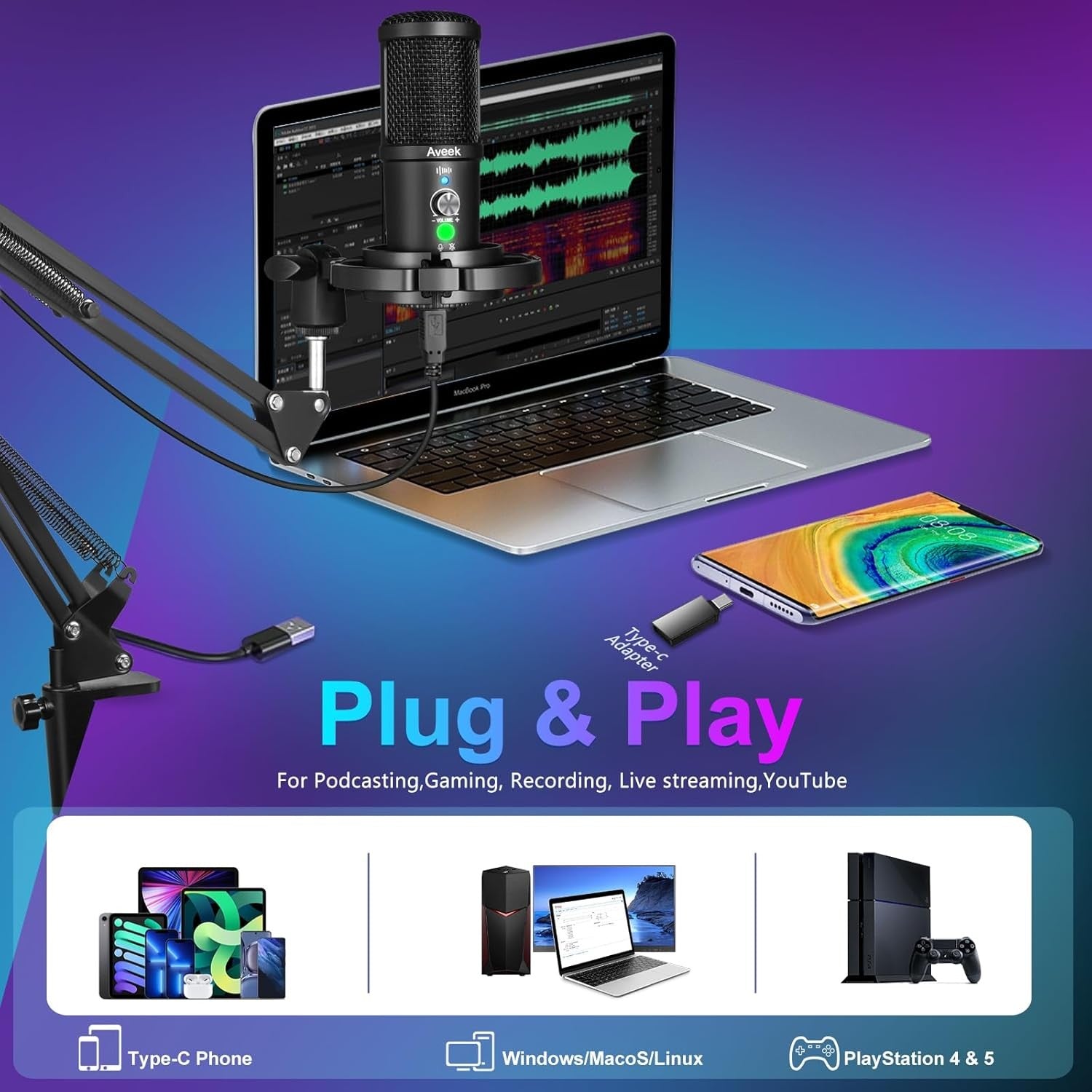 USB Condenser Microphone Microphone for PC Podcast with Mute Gaming Conference