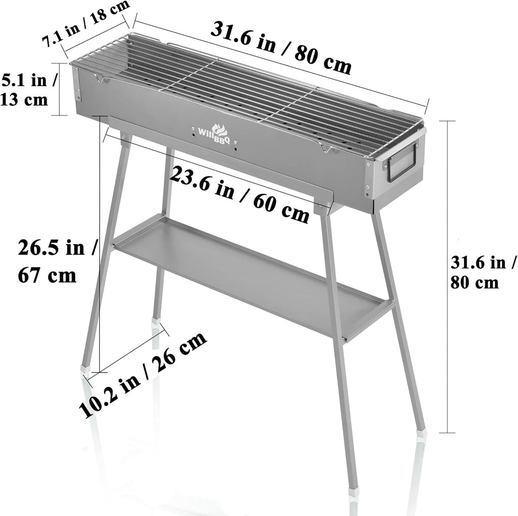 Portable BBQ Charcoal Grill Hibachi Steel BBQ WILLBBQ 31.6x7.1x5.1 inch