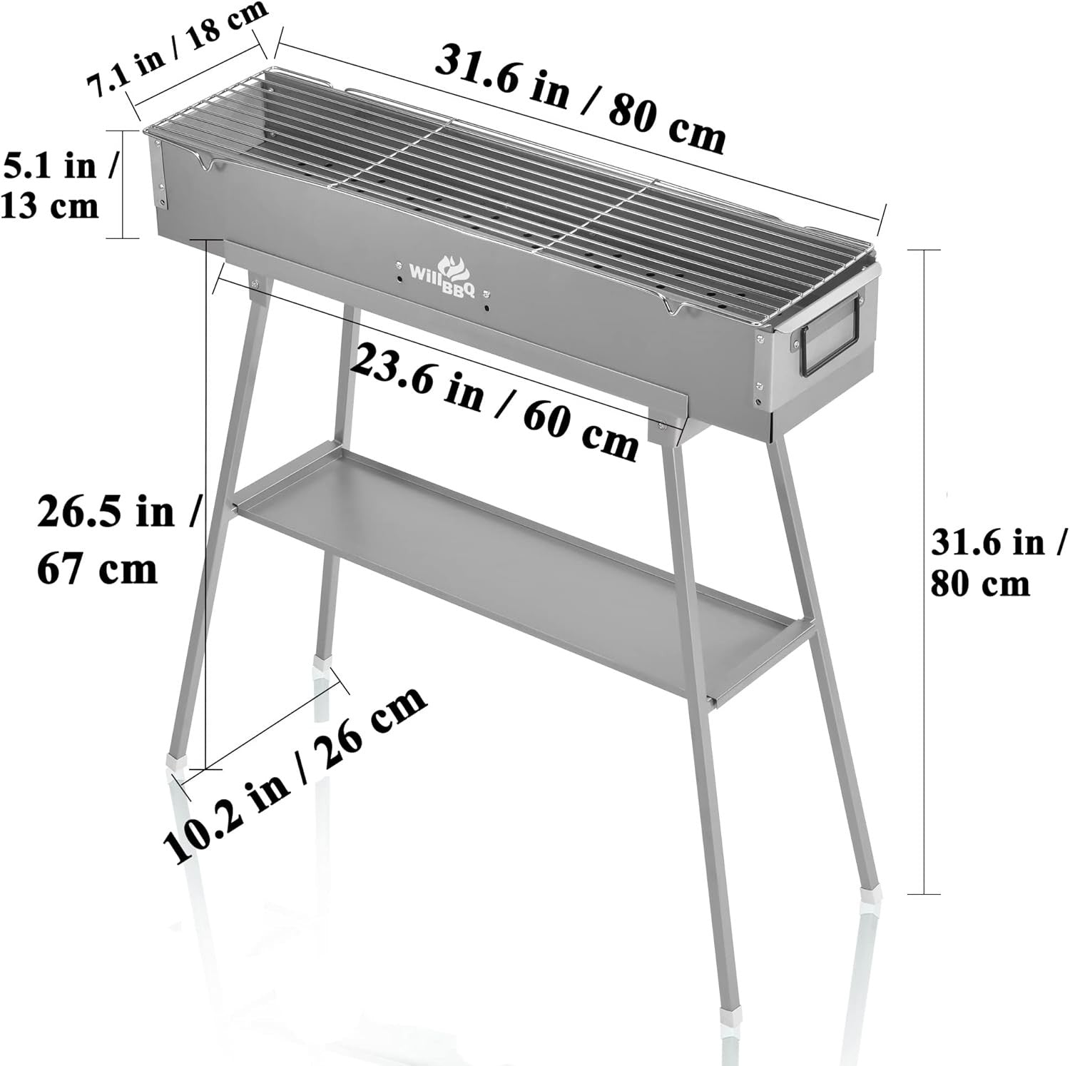 Portable BBQ Charcoal Grill Hibachi Steel BBQ WILLBBQ 31.6x7.1x5.1 inch