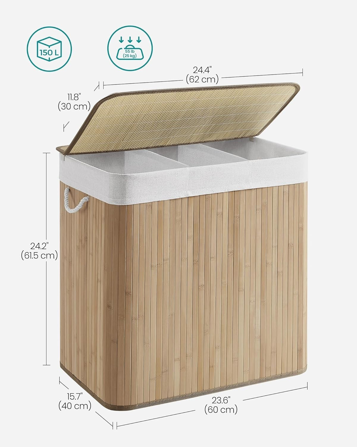 150L Laundry Basket 3 Sorting Compartments Removable Machine Washable Bag Bamboo