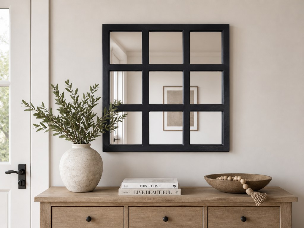 Square Rustic 9 Panel Window Pane Hanging Wall Mirror with Black Painted Wood Fi