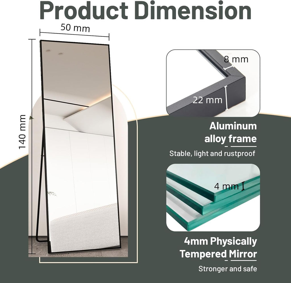 Full Length Mirror 140x50cm Free Standing Floor Mirror Black Aluminum Frame