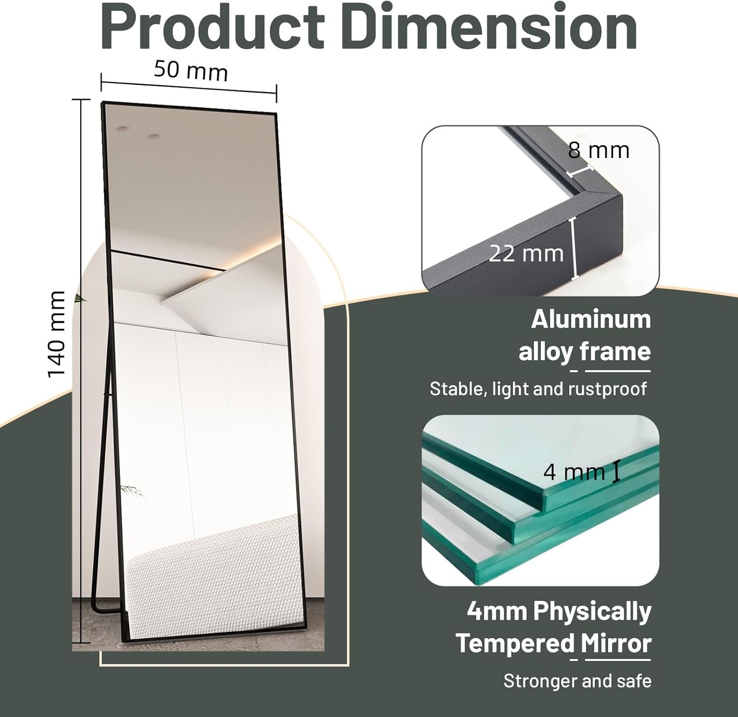 Full Length Mirror 140x50cm Free Standing Floor Mirror Black Aluminum Frame